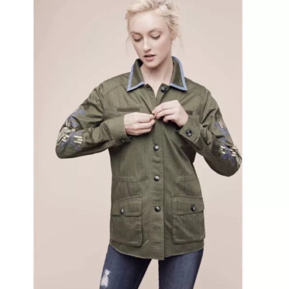 Anthropologie HEI HEI Adventurer  Army Green Embroidered Shirt Jacket Women’s S